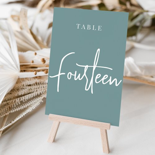 Dusty Teal Hand Scripted Table FOURTEEN Table Number