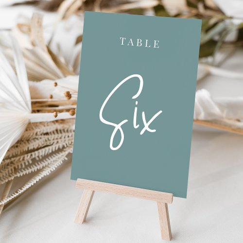 Dusty Teal Hand Scripted Table SIX Table Number
