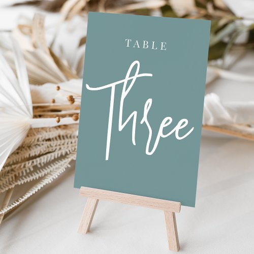 Dusty Teal Hand Scripted Table THREE Table Number