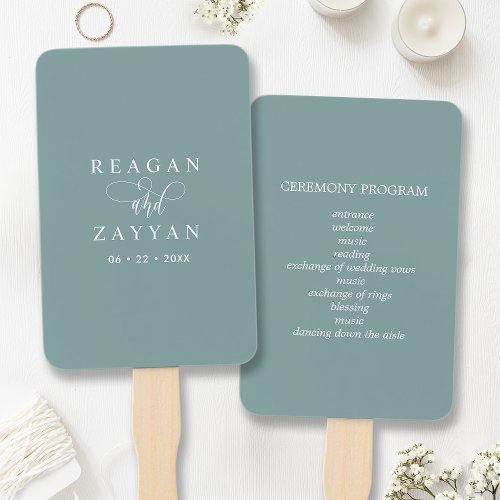 Dusty Teal Minimalist Wedding Program Hand Fan