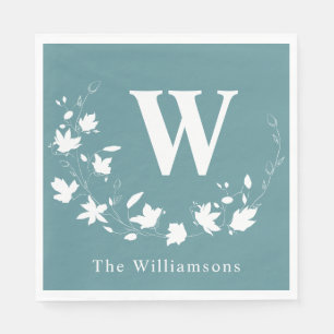 Dusty Teal Monogram Floral Wreath Family Party Napkins