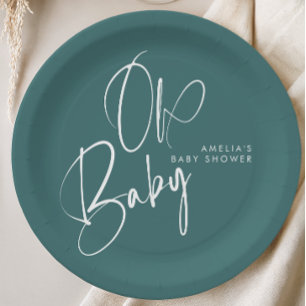Dusty Teal Oh Baby Baby Shower Design Paper Plates