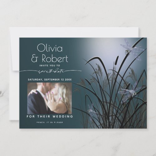 Dusty Teal Save the Date  Moonlight Dragonfly Invitation
