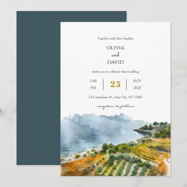 Dusty Teal Seaside Coastal Landscape Beach Wedding Invitation (Front/Back)