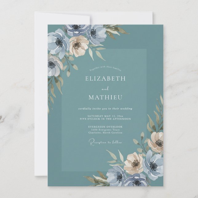 Dusty Teal Serene Botanical Wedding Invitation (Front)