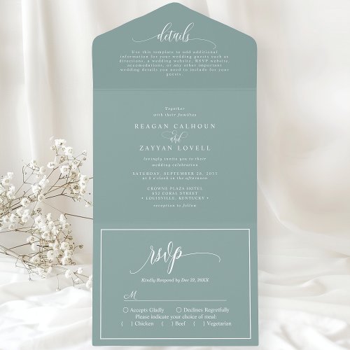 Dusty Teal Simple Modern Script All In One Invitation