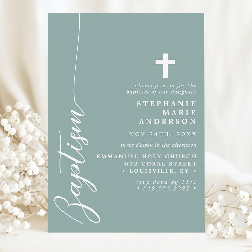 Dusty Teal Simple Modern Script Baptism Invitation