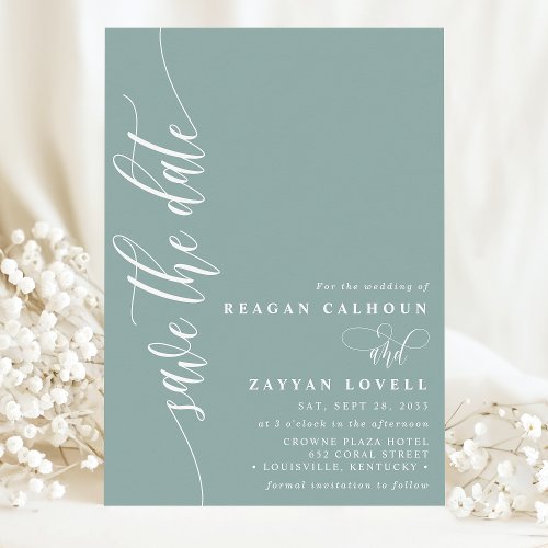 Dusty Teal Simple Modern Script Save The Date