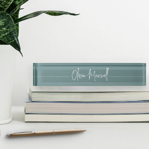 Dusty Teal Sketched Cursive Script Desk Name Plate