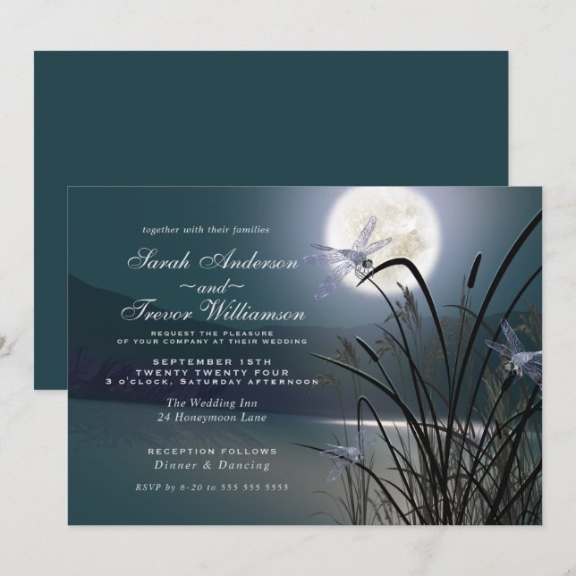 Dusty Teal Wedding Full Moon Dragonfly Pond Invitation (Front/Back)