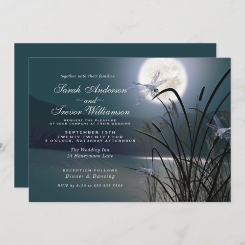 Dusty Teal Wedding Full Moon Dragonfly Pond Invitation