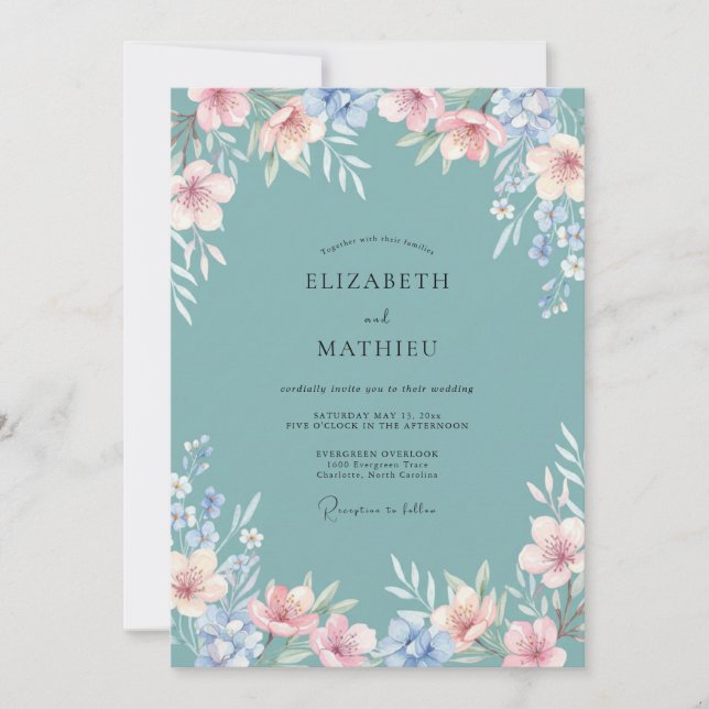 Dusty Teal Whimsical Meadow Wedding Invitation (Front)