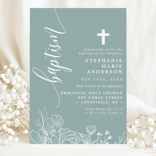 Dusty Teal White Floral Elegant Script Baptism Invitation