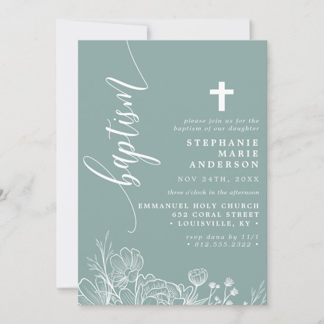 Dusty Teal White Floral Elegant Script Baptism Invitation (Front)