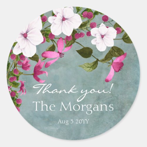 Dusty Teal White Magenta Green Floral Classic Round Sticker