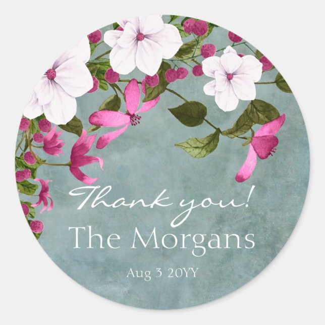 Dusty Teal White Magenta Green Floral Classic Round Sticker (Front)
