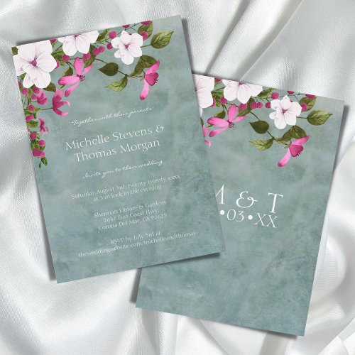 Dusty Teal White Magenta Green Floral Invitation