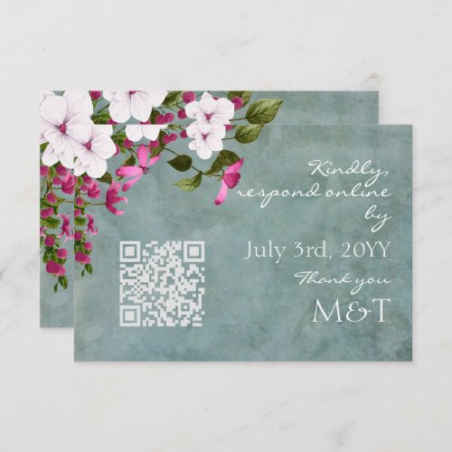 Dusty Teal White Magenta Green Floral QR Code RSVP Card