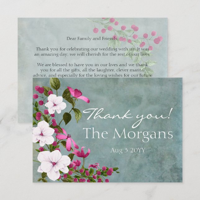 Dusty Teal White Magenta Green Floral Thank You Card (Front/Back)