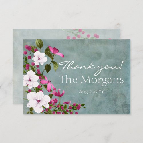 Dusty Teal White Magenta Green Floral Thank You Card