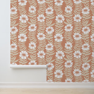 Dusty Terra Cotta Climbing Wavy Flower Stripe Wallpaper