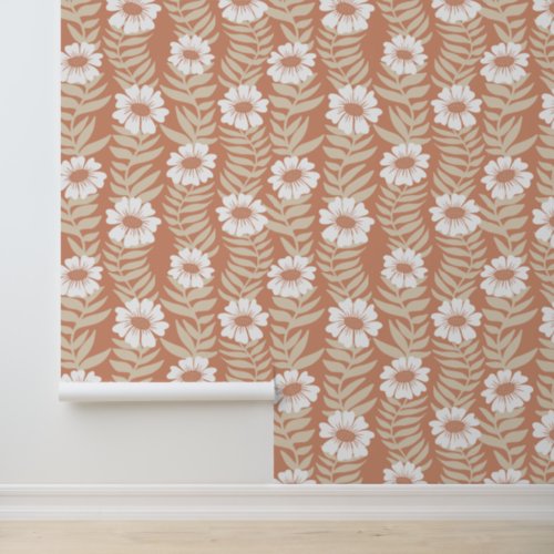 Dusty Terra Cotta Climbing Wavy Flower Stripe Wallpaper