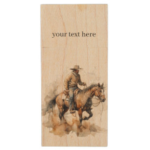 Dusty Trail Ride Watercolor Cowboy Art Wood Flash Drive