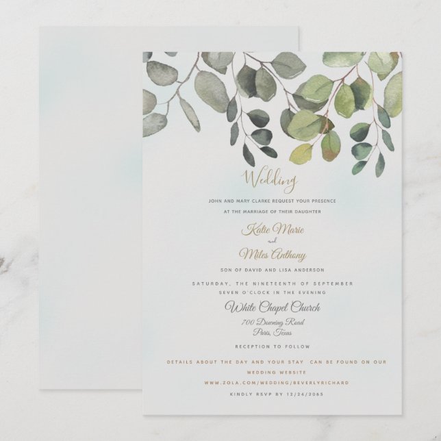 Dusty Turquoise Foliage Website Included Wedding Invitation (Front/Back)