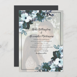 Dusty Twilight Blue Floral Wedding Photo Invitation