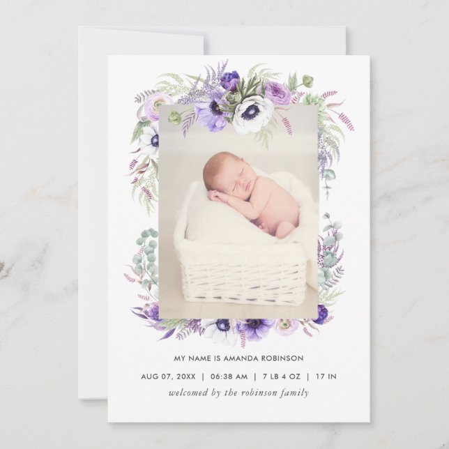 Dusty Violet Birth Announcement Photo Card (Front)