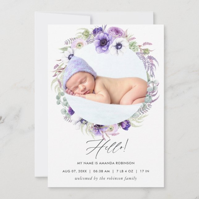 Dusty Violet Birth Announcement Photo Card (Front)