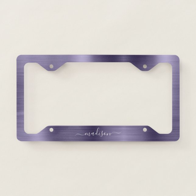 Dusty Violet Brushed Metallic Foil Monogram Script License Plate Frame (Front)