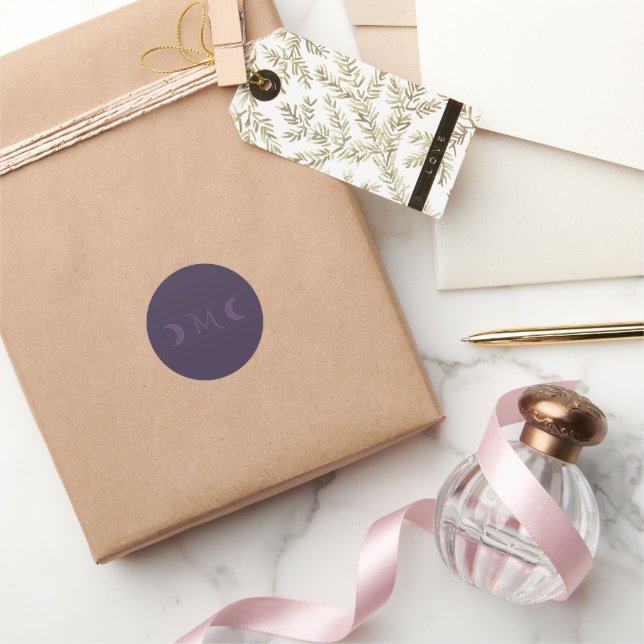 Dusty Violet Crescent Moons Monogram Classic Round Sticker (Gifting)