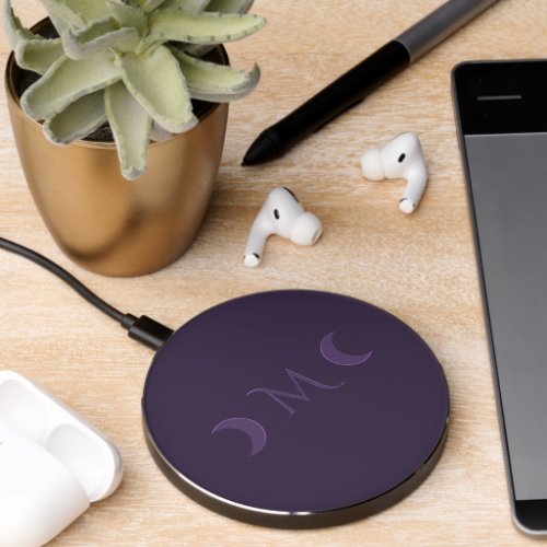 Dusty Violet Crescent Moons Monogram Wireless Charger