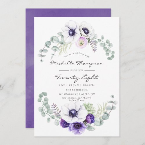 Dusty Violet Floral Any Age Birthday Party invite