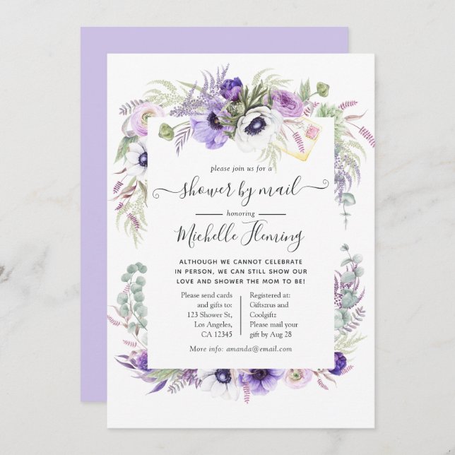 Dusty Violet Floral Baby Shower by Mail Invitation (Front/Back)