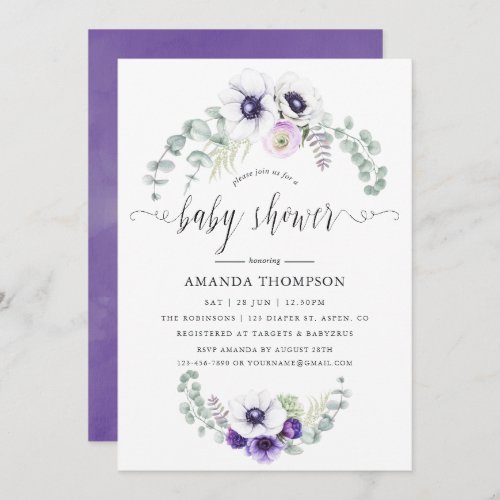 Dusty Violet Floral Baby Shower Invitation