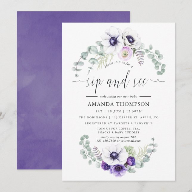 Dusty Violet Floral Baby Sip and See Invitation (Front/Back)