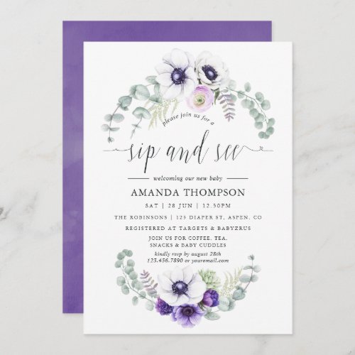 Dusty Violet Floral Baby Sip and See Invitation