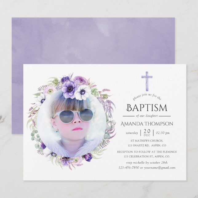 Dusty Violet Floral Baptism Invitation