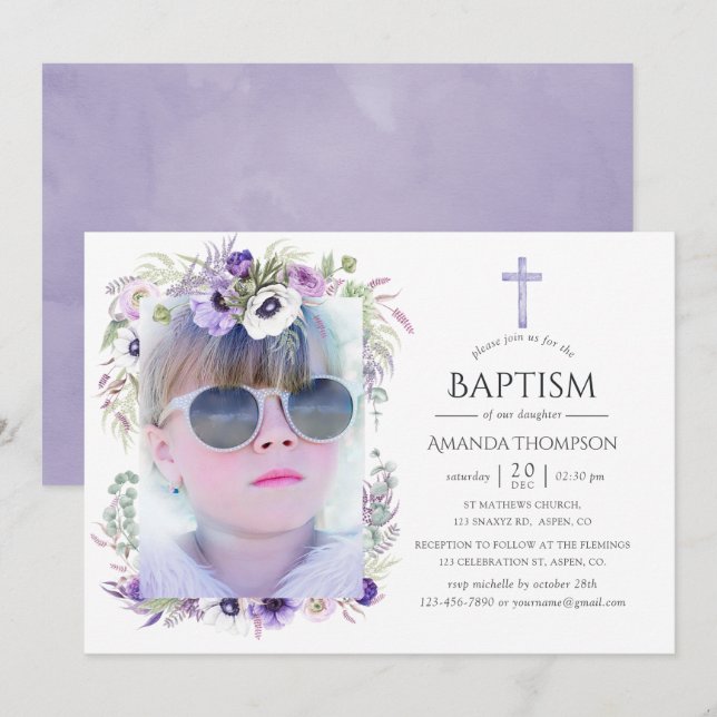 Dusty Violet Floral Baptism or Christening Invitation (Front/Back)