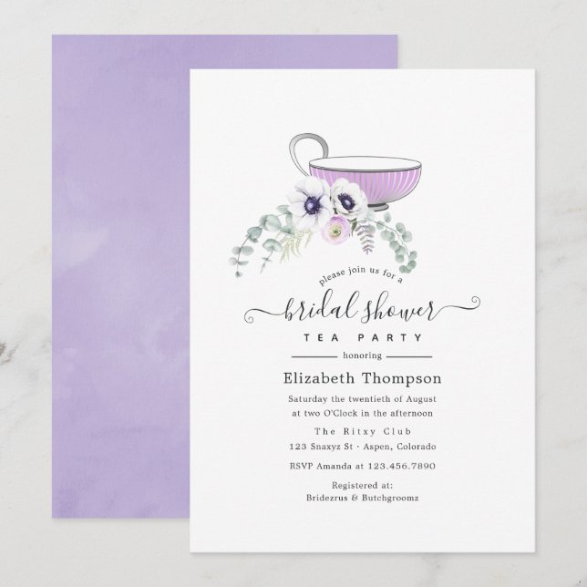 Dusty Violet Floral Bridal Shower Tea Party Invitation (Front/Back)