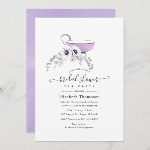 Dusty Violet Floral Bridal Shower Tea Party Invitation