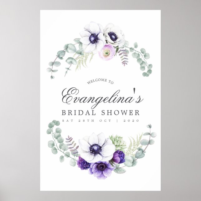 Dusty Violet Floral Bridal Shower Welcome Poster (Front)