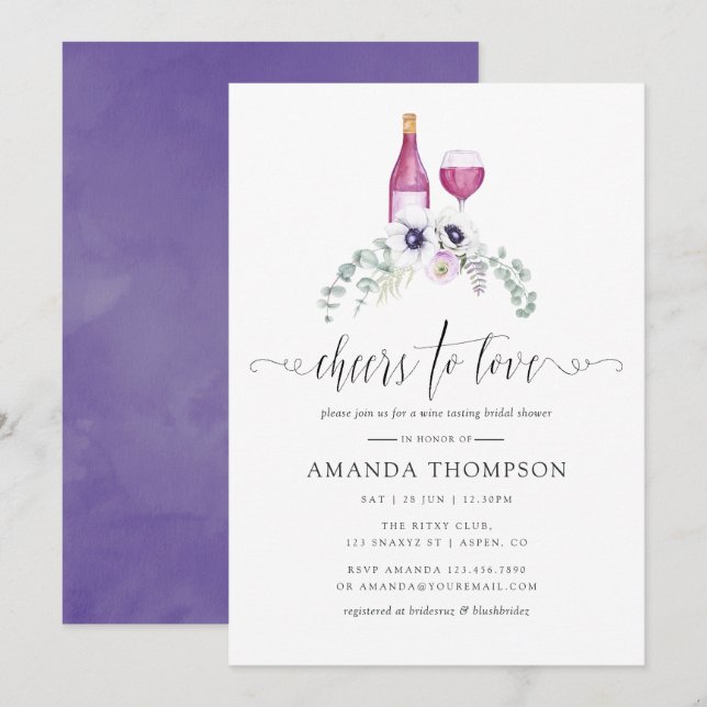 Dusty Violet Floral Bridal Shower Wine Tasting Invitation (Front/Back)