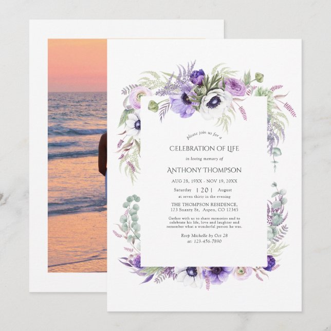 Dusty Violet Floral Celebration of Life Invitation (Front/Back)