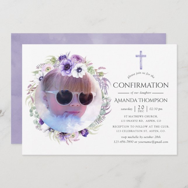 Dusty Violet Floral Confirmation Invitation (Front/Back)