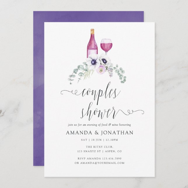 Dusty Violet Floral Couples Shower Wine Tasting Invitation (Front/Back)
