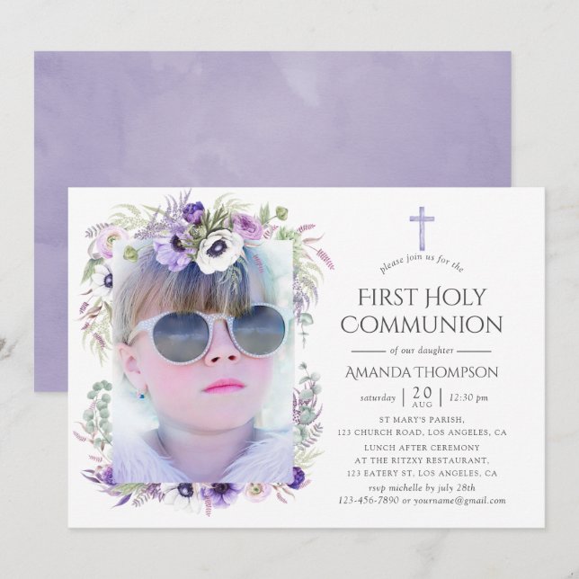 Dusty Violet Floral First Holy Communion Invitation (Front/Back)