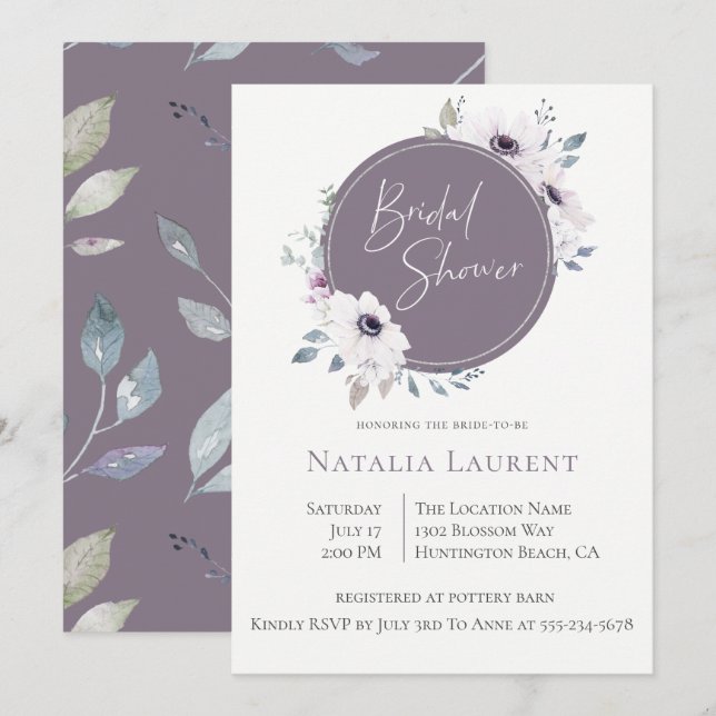 Dusty Violet Floral Frame Bridal Shower Invitation (Front/Back)